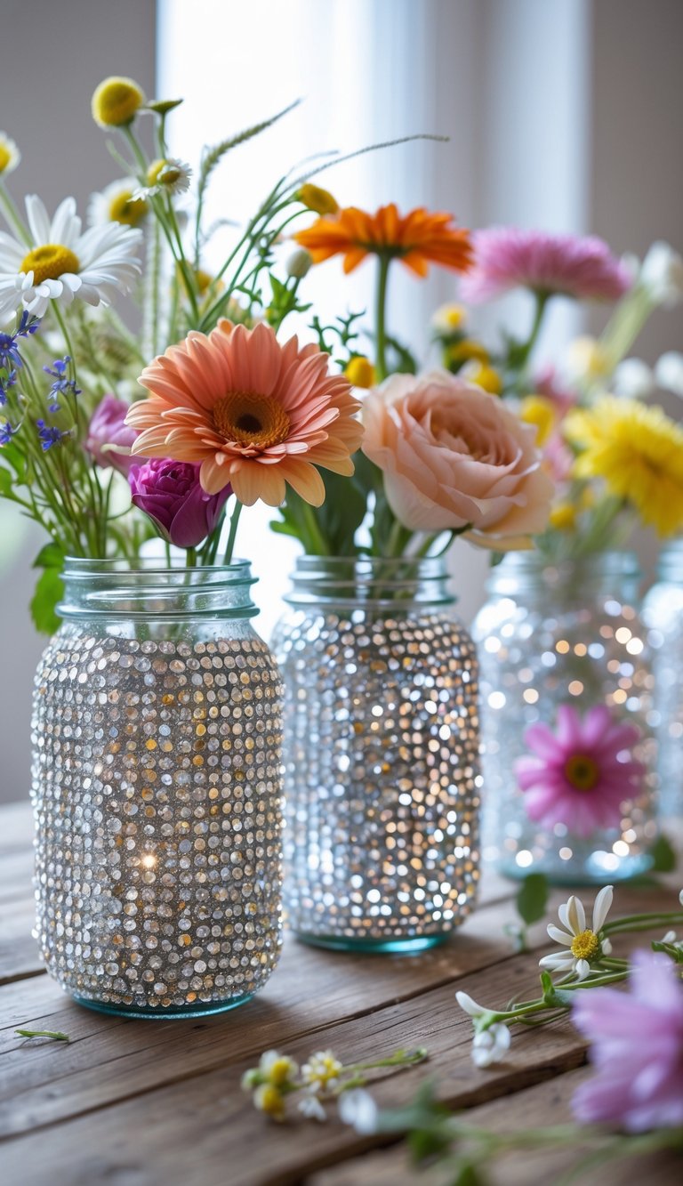 Several mason jars decorated with rhinestones holding colorful flowers on a wooden table.